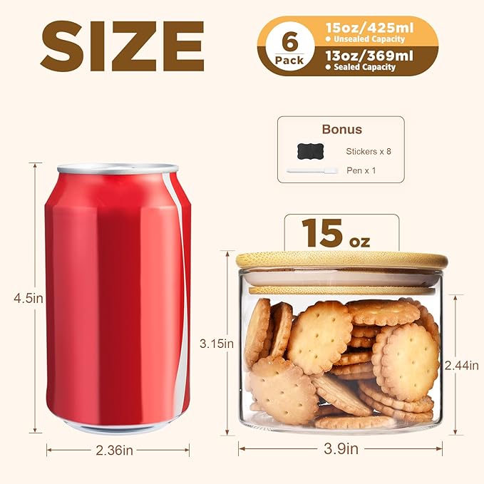 15oz Glass Food Storage Jars, Glass Jars with Bamboo Lids, Kitchen Storage Jars, Set of 6, Canisters with Airtight Lids for Spice, Coffee, Cookie, Pantry Organizers-CasaMuseHome