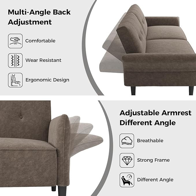 89” Futon Sofa Bed, Comfy Futon Couch Bed with 2 Square Pillows, Convertible Sleeper Sofa with Adjustable Backrest& Armrests, Modern Loveseat Sleeper for Living Room, Bedroom, Light Brown-CasaMuseHome