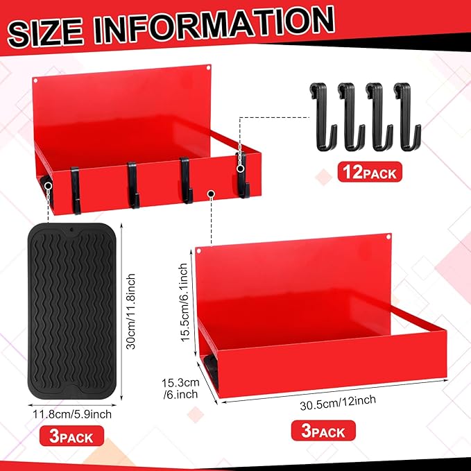 3 Pack Magnetic Garage Organizer Spice Rack for Refrigerator - 20 lb Capacity Shelf Hanging Heavy Duty Fridge Side for Organize Garage Tools, Red-CasaMuseHome