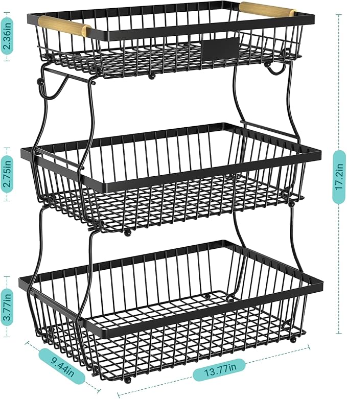 3 Tier Fruit Basket for Kitchen Counter with 2 Banana Hangers, Countertop Metal Fruit Bowl with Wooden Handle, Large Storage Stand for Vegetables, Snacks, Breads, Produce Storage – Black-CasaMuseHome