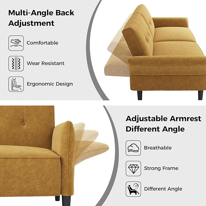 89” Futon Sofa Bed,Comfy Futon Couch Bed with 2 Square Pillows, Convertible Sleeper Sofa with Adjustable Backrest& Armrests, Modern Loveseat Sleeper for Living Room, Bedroom, Yellow-CasaMuseHome