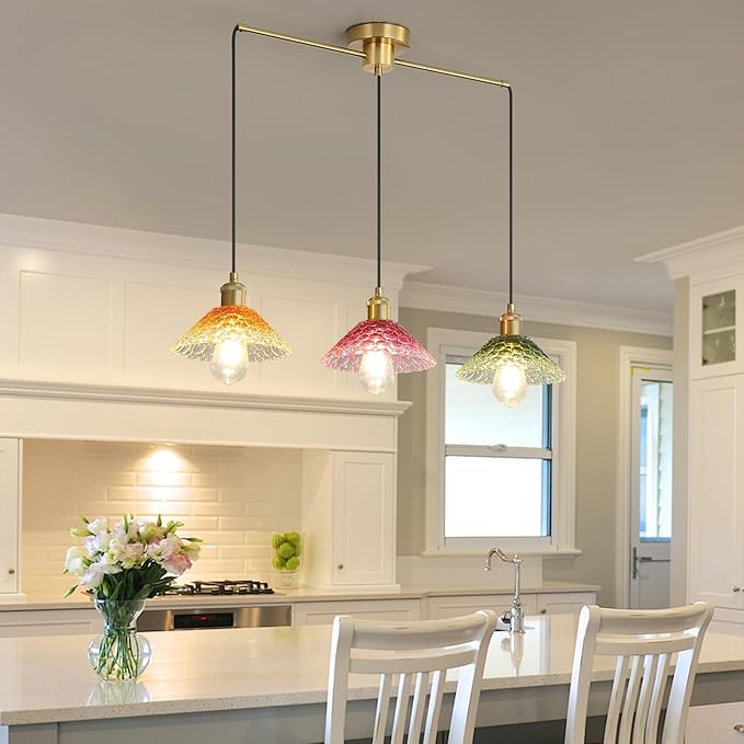 3-Light Pendant Lights Kitchen Island, Ceiling Hanging Lighting Fixtures, Colorful Vintage Glass Shade Pendants, Modern Gold Dining Room Chandeliers Height Adjustable for Farmhouse Living Room-CasaMuseHome