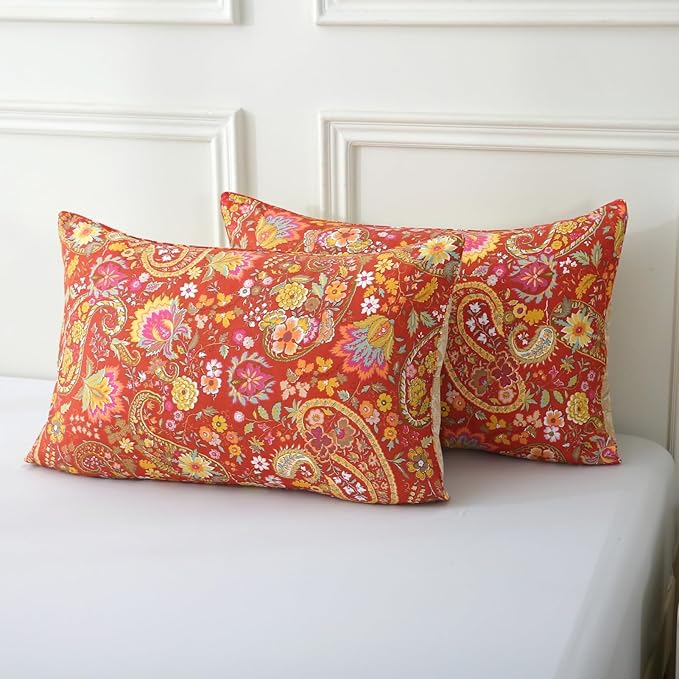 ABREEZE Paisley Bedding Sets 3Pcs Brushed Cotton Duvet Cover Set King Size Rustic Damask Red Floral Comforter Cover with Zipper Closure Boho Bedding Collections-CasaMuseHome