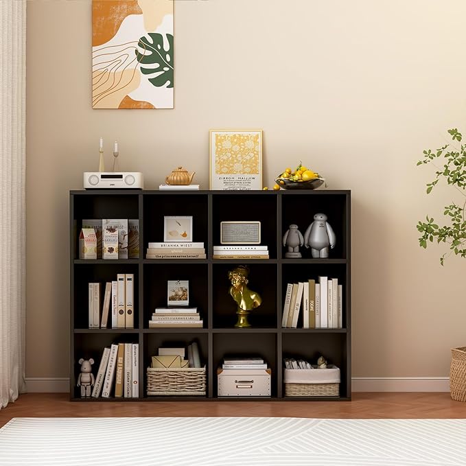 12-Cube Storage Shelf Bookcase - Wooden 3-Tier Floor Standing Open Bookshelf for Home and Office, Display Cabinet, Black-CasaMuseHome