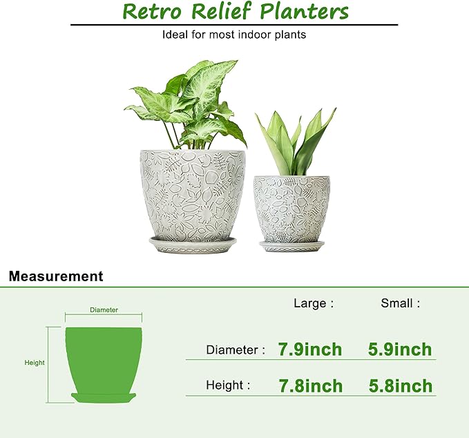 8 Inch + 6 Inch Retro Ceramic Planter Set of 2 with Drainage Hole and Saucer for Multiple Plants, Indoor-Outdoor Garden Pots for Succulent, Orchid, and Flower (Retro White)-CasaMuseHome