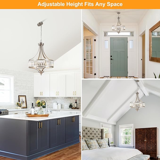 20" Brushed Nickel Chandeliers for Dining Room, 5-Light Modern Crystal Chandelier for Entryway, Hanging Round Light Fixture for Kitchen Island Living Room Bedroom Office Bathroom Staircase-CasaMuseHome