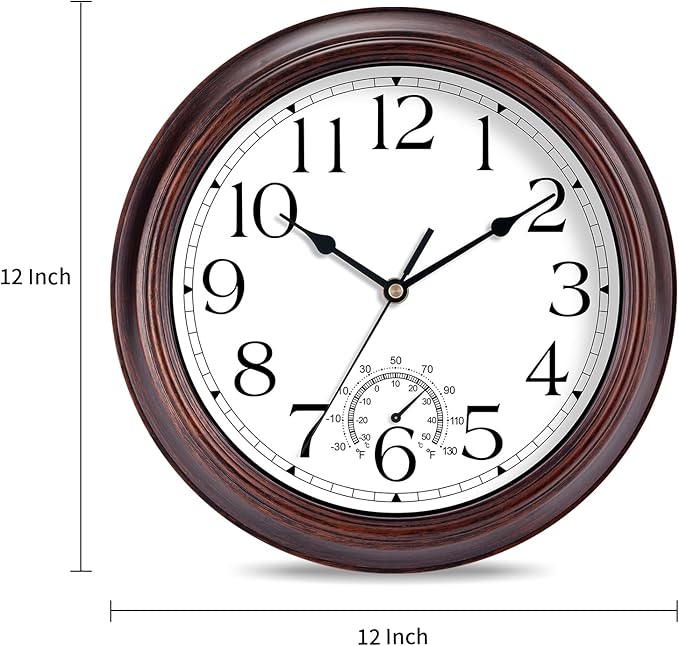 12 Inch Outdoor Wall Clock with Thermometers, Vintage Silent Wall Clocks Battery Operated, Retro Non-Ticking Clock Decorative for Living Room, Patio, Kitchen, Office, Bathroom, Bedroom(Bronze)-CasaMuseHome