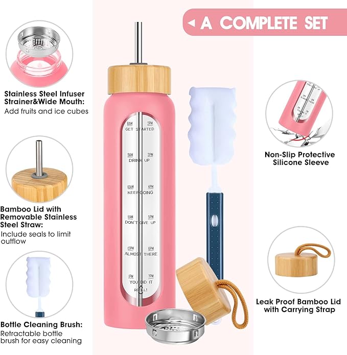 32 oz Glass Water Bottle with Straw - Motivational Time Marker & Silicone Sleeve - Reusable Tumbler Includes 2 Bamboo Lids & Fruit Infuser - 1 Pack-CasaMuseHome