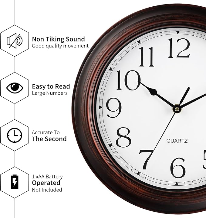 12 Inch Wall Clocks Battery Operated Silent Non-Ticking Wall Clock Vintage Retro Rustic Style Decorative for Living Room Kitchen (Bronze)-CasaMuseHome