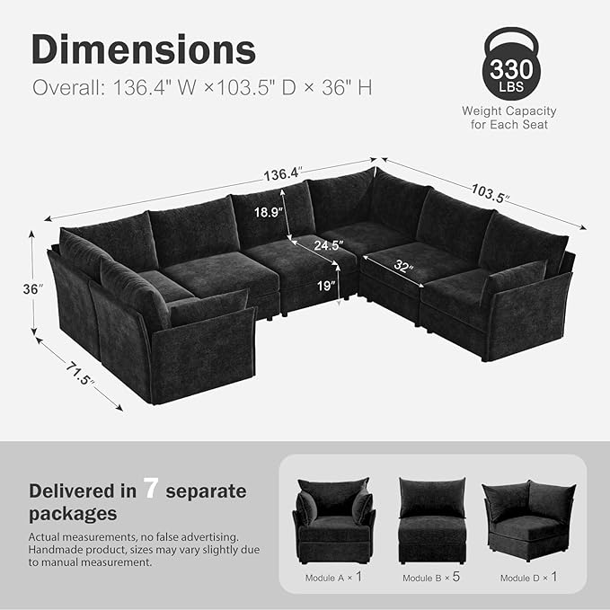 136.4" Oversized Modular Sectional Sofa, U Shaped Convertible Couch with Movable Ottoman, Large 7 Seat Corner Couches for Living Room Deep Seat Black Chenille-CasaMuseHome
