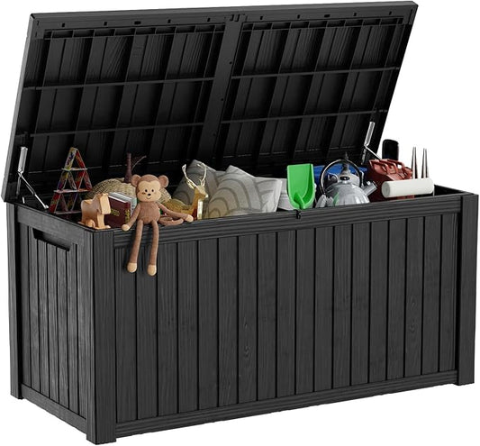 180 Gallon Deck Box,Resin Outdoor Storage Box with Lockable for Patio Furniture, Pool Accessories, Garden Tools Waterproof Outside Storage Box, Black-CasaMuseHome