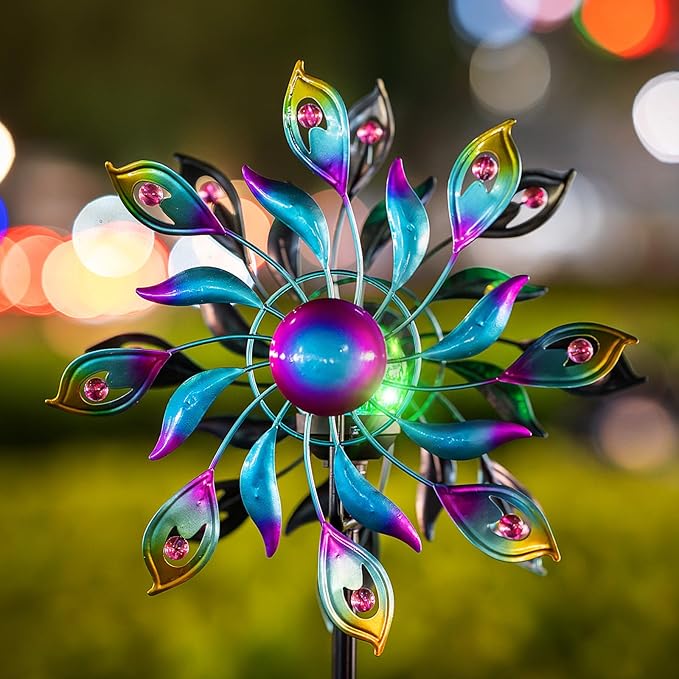 360°Peacock Solar Wind Spinner with Lights Blue Metal Garden Outdoor Decor Yard Lawn Art Decor for Patio Kinetic Windmills Unique Gifts for Friends and Family 51.9' H x 12.2'' Dia-CasaMuseHome