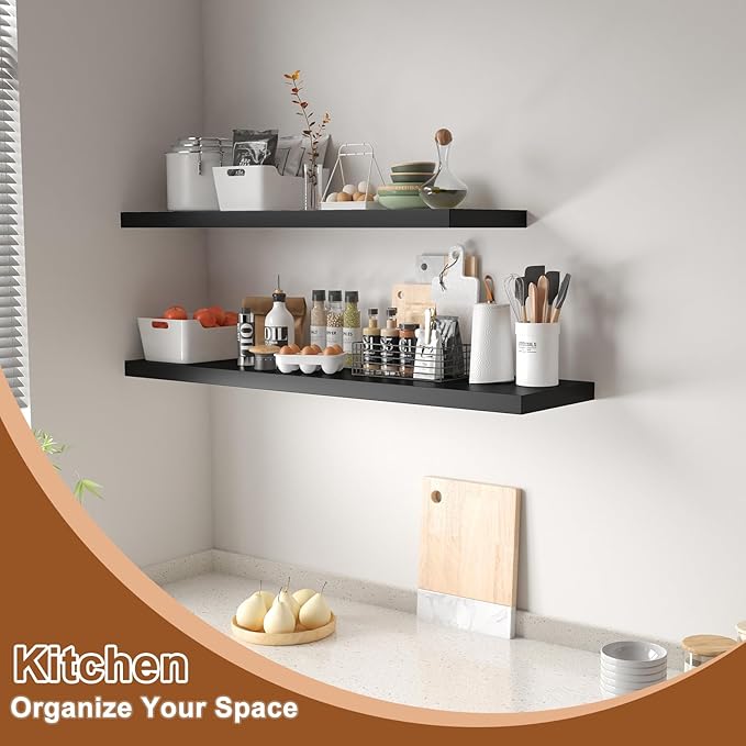 48 Inch Floating Shelf 1 Pack Large Floating Shelves for Wall No Drilling Accessories Included Deep Wall Shelves for Living Room Kitchen Farmhouse 48" W x 12" D x 1.2" Black-CasaMuseHome