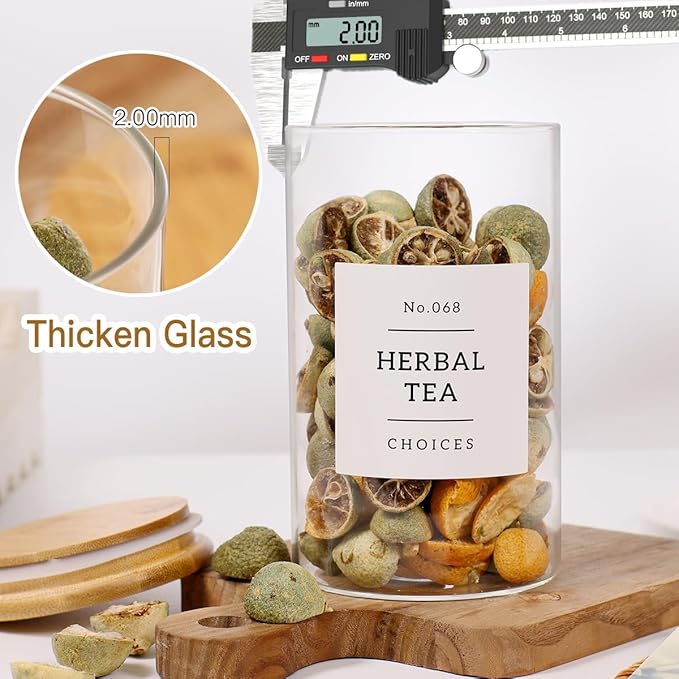 8 Pack Glass Jar with Airtight Bamboo Lid and White 132 Kichen Pantry Labels Preprinted - 21 Oz Clear Round Glass Food Storage Containers set For Tea Coffee Sugar Spice-CasaMuseHome