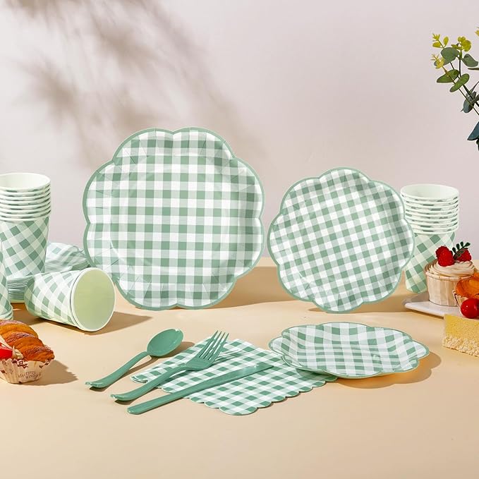175 Pcs Sage Green Gingham Paper Plates and Napkins Party Supplies - Sage Green and White Checkered Plates Scalloped Plaid Plate for Birthday Dinner Picnic BBQ Party Decorations, Serve 25 Guests-CasaMuseHome