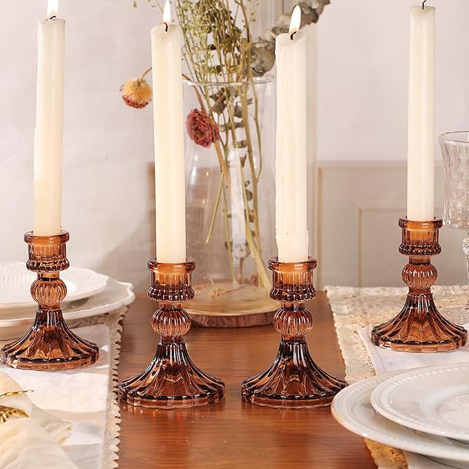 12PCS Amber Candlestick Holders Set- 4" H Taper Candle Holders, Glass Candle Holders Bulk for Wedding, Party, Fall Home Table Centerpieces, Festival Gifts & Windowsill Decor-CasaMuseHome