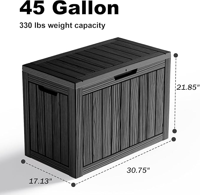 45 Gallon Resin Deck Box, Lockable Outdoor Storage Box for Patio Cushions Storage Furniture,Garden Tools, Pool Supplies, Weatherproof and UV Resistant（Black）-CasaMuseHome