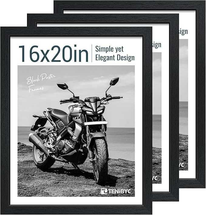 16x20 Picture Frame Set of 3 - Black Woodgrain, Solid Wood, HD Tempered Glass, Wall Gallery Poster Frame-CasaMuseHome