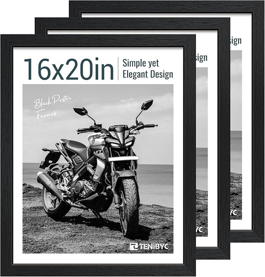 16x20 Picture Frame Set of 3 - Black Woodgrain, Solid Wood, HD Tempered Glass, Wall Gallery Poster Frame-CasaMuseHome