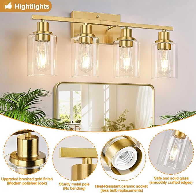 4-Light Vanity Lights with Clear Glass Shades, Brushed Gold Bathroom Light Fixtures Over Mirror, Modern Bathroom Wall Lamp for Mirror Living Room Cabinet Bedroom Porch-CasaMuseHome