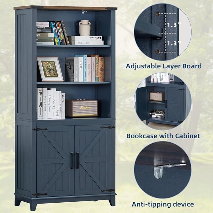 70in Tall Bookshelf 5 Tier Bookcase with Barn Doors and Adjustable Shelves, Blue Farmhouse Book Shelf with Storage Cabinet, Wood Freestanding Display Bookshelves for Bedroom, Living Room-CasaMuseHome