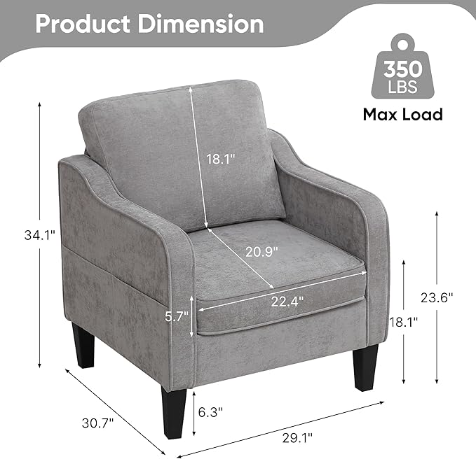 Accent Chairs Set of 2, Upholstered Living Room Chairs with Side Pockets, Mid Century Modern Reading Chair for Bedroom, Comfy Armchair Single Sofa Side Chair for Office, Small Room, Light Grey-CasaMuseHome