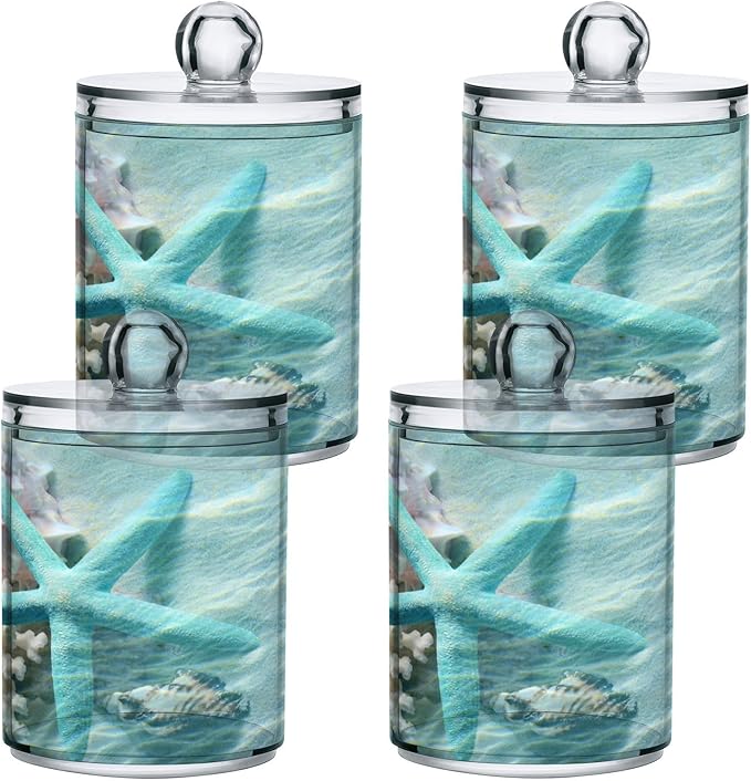 2 Pack Qtip Holder Organizer Dispenser Seashell Starfish Summer Beach Bathroom Storage Canister Cotton Ball Holder Container for Cotton Swabs/Pads/Floss-CasaMuseHome