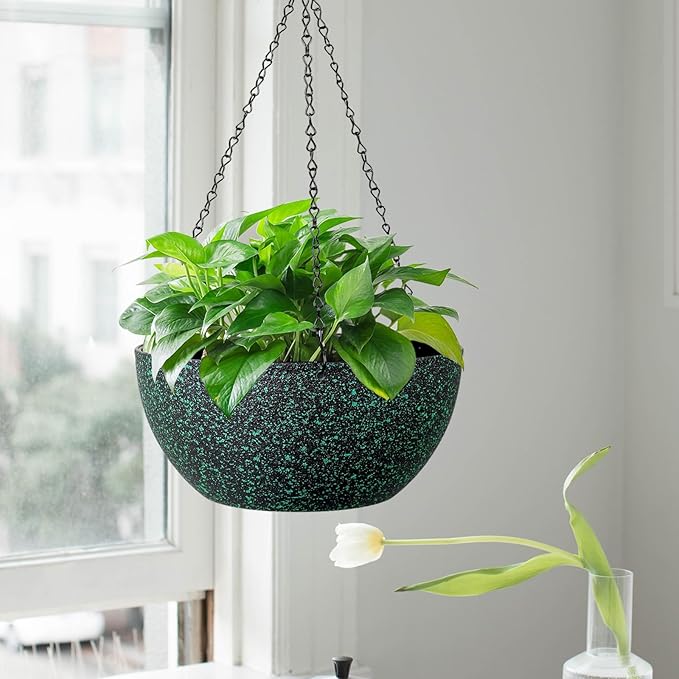 13inch Large Hanging Planters Pots for Outdoor Indoor Plants with Drainage Holes and Chain, 2pack Round Hanging Flower Pots for Garden Home Porch Decor, Black with Green Speckles-CasaMuseHome