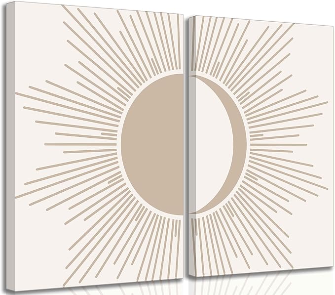 2Pcs Minimalism Boho Canvas Wall art Mid Century Modern Beige and White Sun and Moon Geometric Abstract Painting Pictures Wall Decor Posters Print Artwork for Bedroom Living Room Decoration-CasaMuseHome
