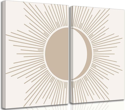 2Pcs Minimalism Boho Canvas Wall art Mid Century Modern Beige and White Sun and Moon Geometric Abstract Painting Pictures Wall Decor Posters Print Artwork for Bedroom Living Room Decoration-CasaMuseHome