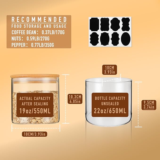 22oz Straight cylindrical Airtight Storage Jars with Bamboo Lid Set of 6 Storage Container Stackable Spice Jar, Kitchen Canister for Sugar, Tea, Cookies and Coffee beans (with Black Lable)-CasaMuseHome