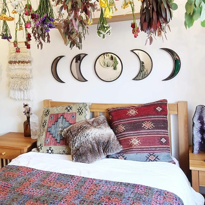 5 pcs Scandinavian Natural Decor Acrylic Moonphase Mirrors Interior Design Wooden Moon Phase Mirror Bohemian Wall Decoration for Home Living Room Bedroom Decor - No Need to Punch (Black)-CasaMuseHome