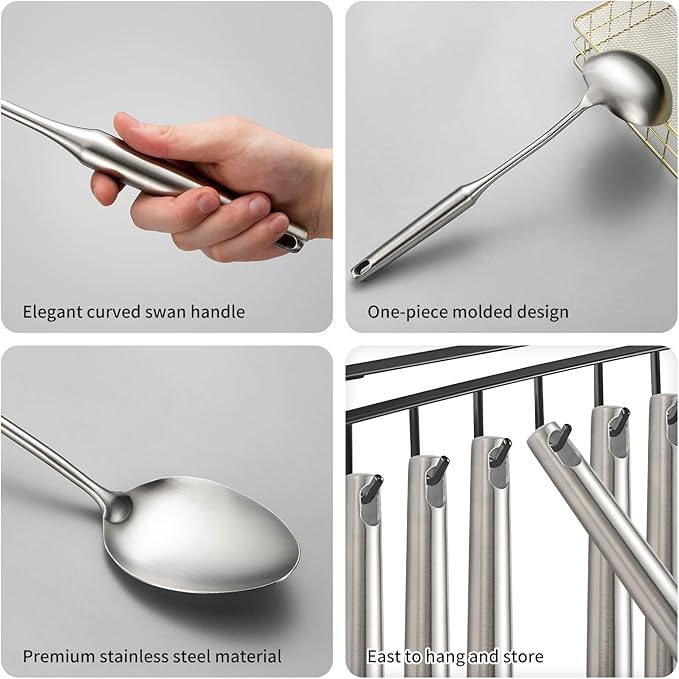 304 Stainlss Steel Kitchen Utensils Set, 11 Pcs Long Metal Cooking Utensil Gadgets Tools Set with Spatula, Ladle, Spoon, Ladle, Skimmer, Tunner, Pasta Server, Tongs(Silver, Dishwasher Safe)-CasaMuseHome