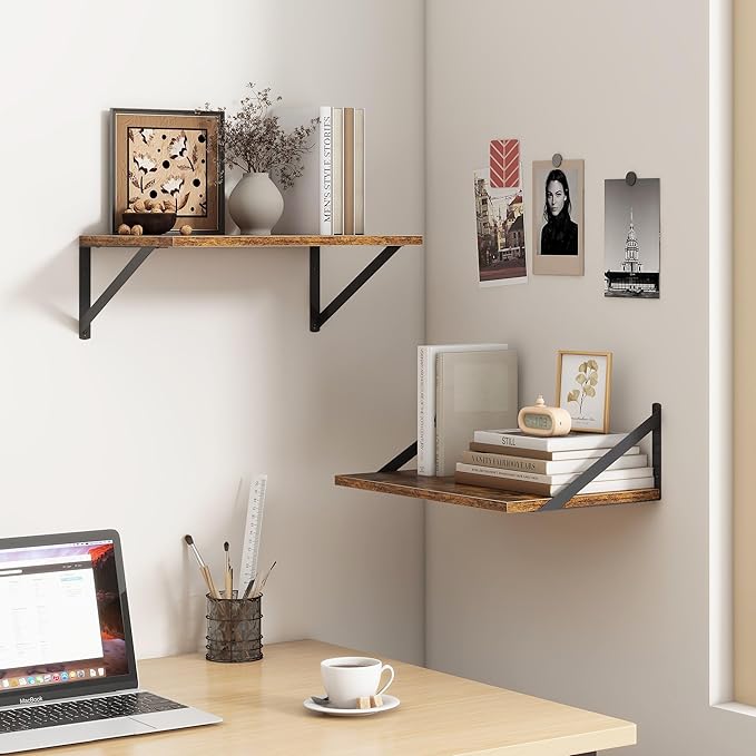 18"W x12"D Floating Shelves, Farmhouse Wall Shelves Home Decor Shelf, Deep Bathroom Shelf with Bracket, 12 Inch Deep Wall Shelves for Living Room, Kitchen, Bedroom, Rustic Brown, Set of 2-CasaMuseHome