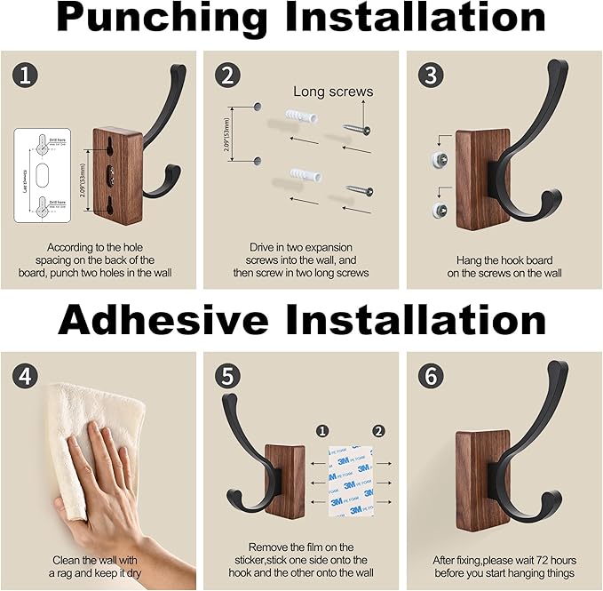 6 Pack Wooden Wall Hooks for Hanging, Adhesive Mounted & Wall Mount Nature Wood Coat Hooks for Towel Clothes Blanket Hat Backpack Robe Nursery Door Board Entryway Key Holder-CasaMuseHome