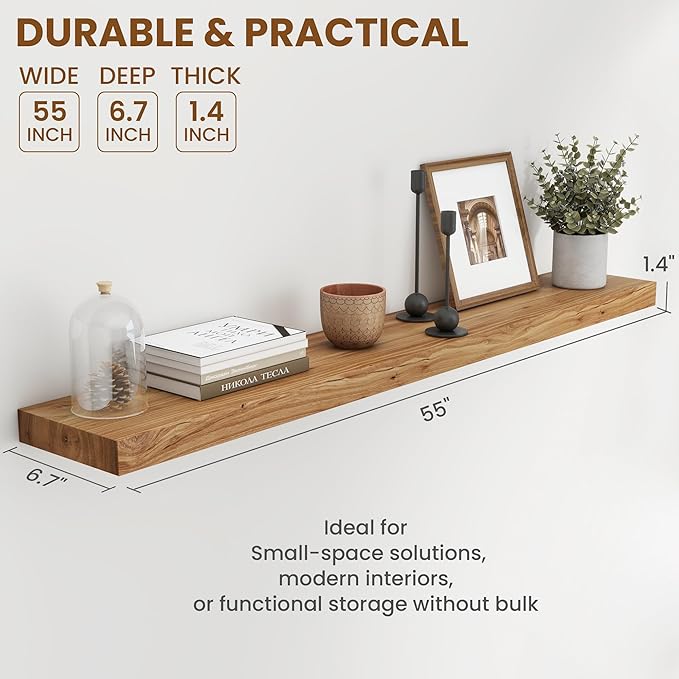 55" Floating Shelves for Wall, Rustic Elm Wood Floating Shelf for Home Decor, Wall-Mounted Display Shelves with Heavy-Duty Bracket, Long Floating Shelf for Bathroom, Kitchen, Natural Color-CasaMuseHome