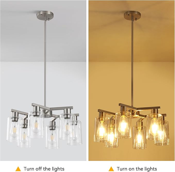6-Light Modern Farmhouse Brushed Nickel Chandelier, Dining Room Light Fixture Over Table Adjustable Height Hanging Industrial Pendant Lights Kitchen Island, Clear Glass Shade-CasaMuseHome