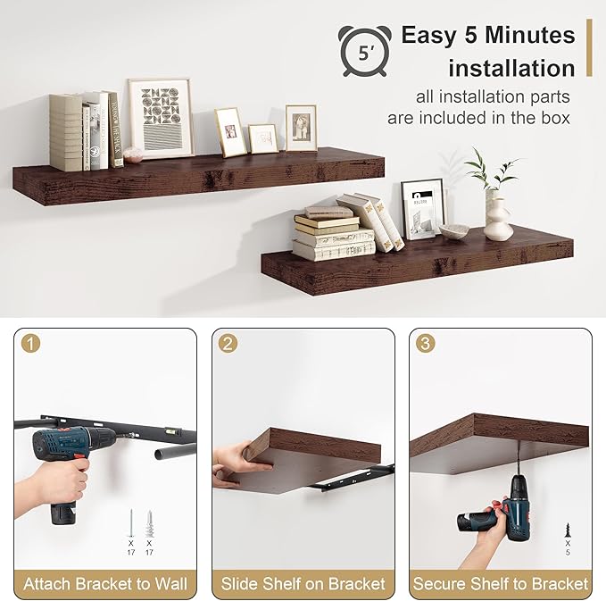 12" Deep Rustic Brown Floating Shelves,Over Toilet Long Wall Mounted Modern Farmhouse 36 inches,Wall Shelves with Invisible Brackets for Bedroom, Bathroom, Living Room, Kitchen, Set of 1-CasaMuseHome