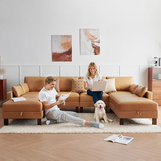 128'' Sleeper Couch, Large Sofa Bed with Storage, Faux Leather 8 Seater Sofa, Mid Century Modern Couch Sofa for Living Room, Guest Room, House, Apartment, Office, Loft, Tan-CasaMuseHome