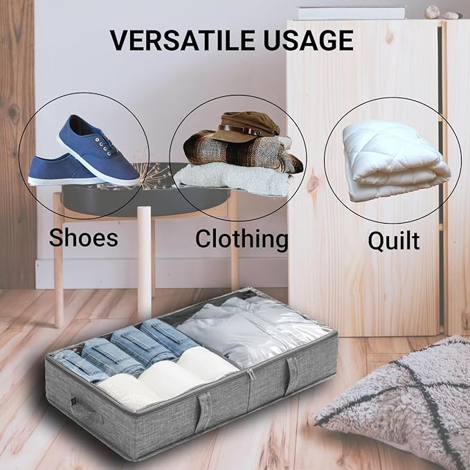 2 Packs Under Bed Storage Containers, Foldable Clothes Draw Organizers with Adjustable Dividers, Handles, Clear Window, Closet Storage Bins for Clothing, Shoes, Blankets-CasaMuseHome