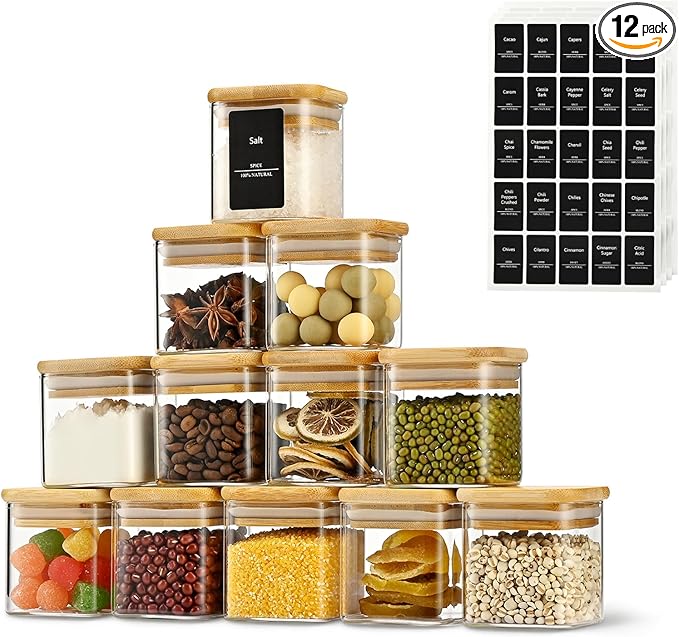 5oz Airtight Square Spice Containers with Bamboo Lid Set of 12 with Black Lables Storage Stackable Spice Jar, Kitchen Canister for Sugar, Tea, Flour, Salt and Seasonings (‎Clear Glass)-CasaMuseHome