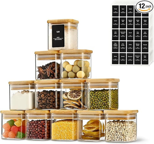 5oz Airtight Square Spice Containers with Bamboo Lid Set of 12 with Black Lables Storage Stackable Spice Jar, Kitchen Canister for Sugar, Tea, Flour, Salt and Seasonings (‎Clear Glass)-CasaMuseHome