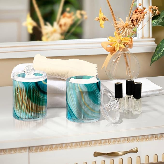 2 Pack Qtip Holder Dispenser Teal Turquoise Blue Marble Bathroom Storage Canister Lid Acrylic Plastic Apothecary Jar Set Vanity Makeup Organizer for Cotton Swab/Ball/Round Pads, Floss-CasaMuseHome