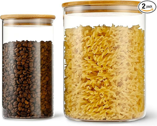 108oz 42oz Straight cylindrical Airtight Storage Jars with Bamboo Lid Set of 2 Large Storage Container Gallon Glass Jars, for Flour, Pasta and Coffee bean (with Black Lable)-CasaMuseHome