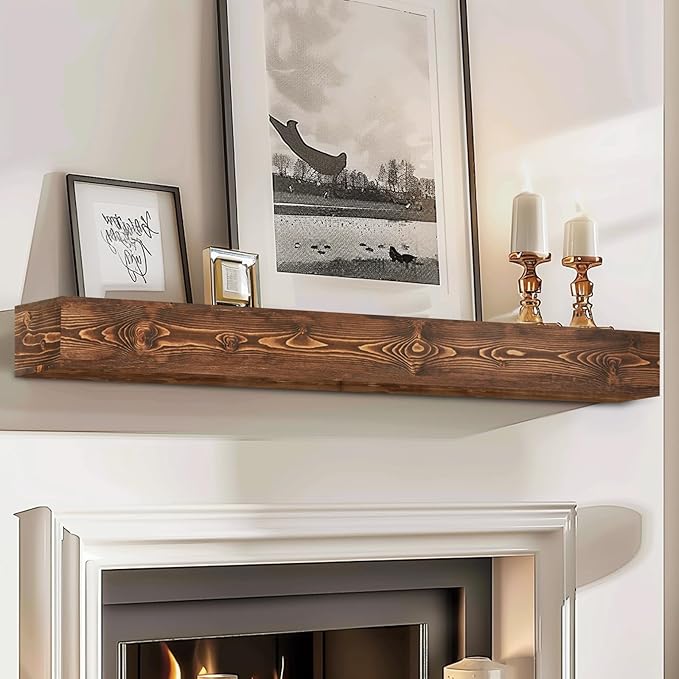 56x8x5 Fireplace Mantel - Handcrafted Hollow Rustic Solid Wood Wall Mounted Floating Shelf with Invisible Heavy Duty Wood Bracket (Weathered Brown)-CasaMuseHome