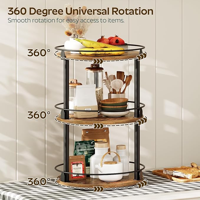 3-Tier Lazy Susan Organizer, Rotating Spice Rack, Spinning Organizer, Industrial Turntable Spice Rack Organizer for Cabinet, Kitchen Countertop, Pantry, Rustic Brown and Black SR23BR-CasaMuseHome