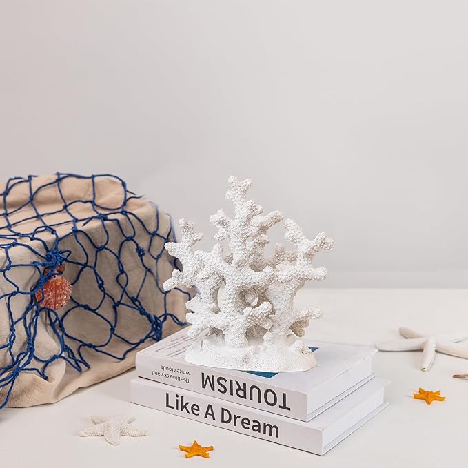 7.1" H White Coral Decor, Resin Statue, Nautical Decorations for Home, Bedroom, Bathroom, Living Room, Beach/Coastal/Ocean Themed Cabinet Shelf Tabletop Decor-CasaMuseHome