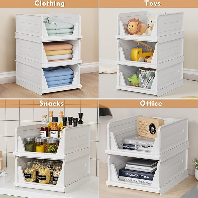 6 Pack Stackable Closet Storage Basket - Stackable Storage Bins, Multifunctional & Foldable Closet Organizer, Wardrobe Storage Space-Saving Clothes Storage Drawer Organizer, White-CasaMuseHome