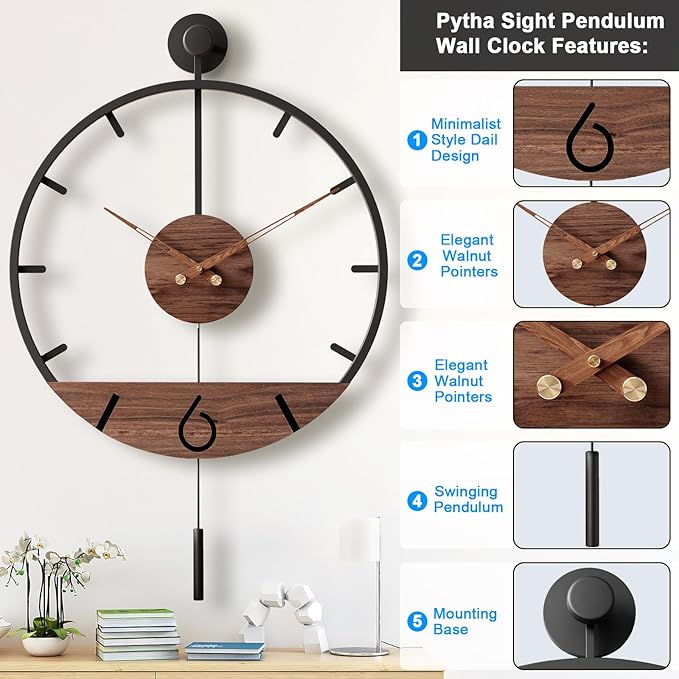 34.6×24 Inch Large Modern Decorative Pendulum Wall Clock,Big Metal Farmhouse Oversized Silent Wall Clocks Minimalist Elegant Walnut Dial Pointers for Living Room,Office,Dining Room Decor-CasaMuseHome