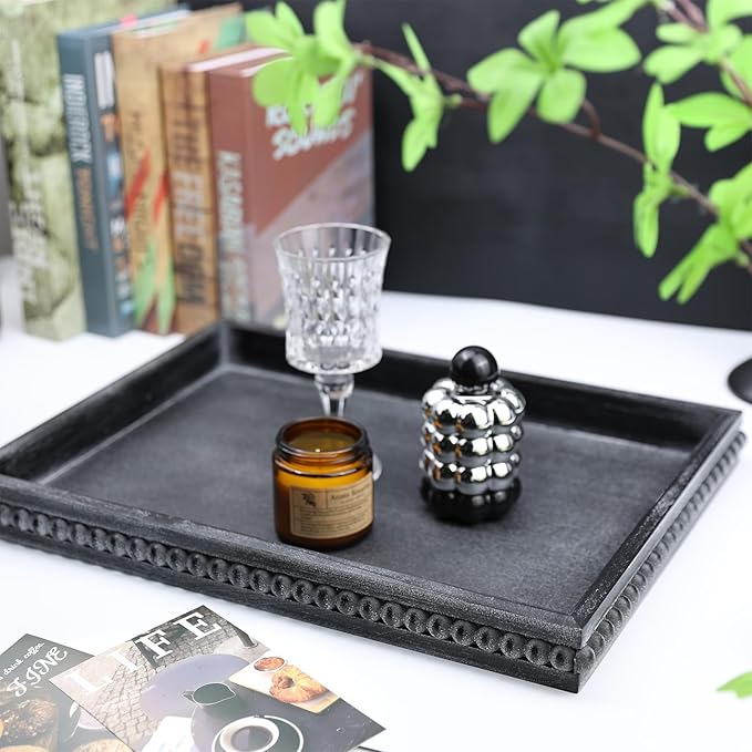 Rectangle Wood Serving Tray with Beads, Black Washed Wooden Decorative Tray for Entertaining, Decoration, and Gifting-CasaMuseHome